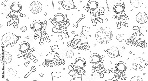 Cute Space Astronauts and Planets Seamless Pattern for Coloring