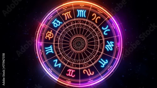 Zodiac and Prediction concept ,Neon zodiac wheel glowing with cosmic light and mystical energy, astrological sign symbols circle