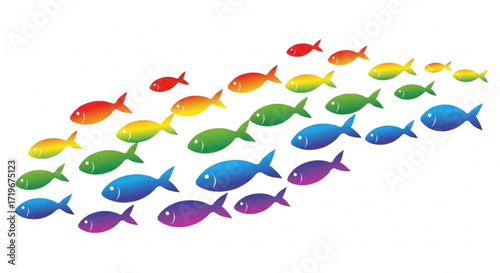 A vibrant school of rainbowcolored fish swims across a, creating a cheerful and eyecatching design