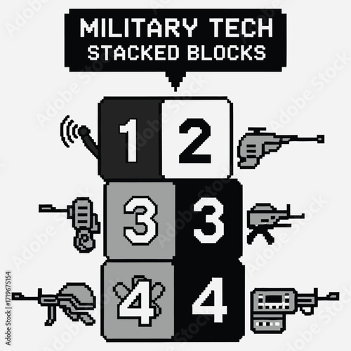 Military Tech Stacked Blocks Graphic Illustration of Weaponry Levels