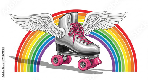 A roller skate with wings flies in front of a rainbow, symbolizing freedom, joy, and the spirit of roller skating