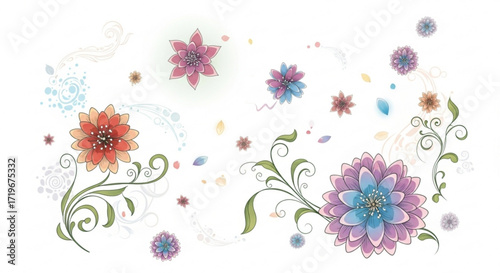 A delicate and whimsical floral arrangement featuring a variety of colorful flowers and swirling vines
