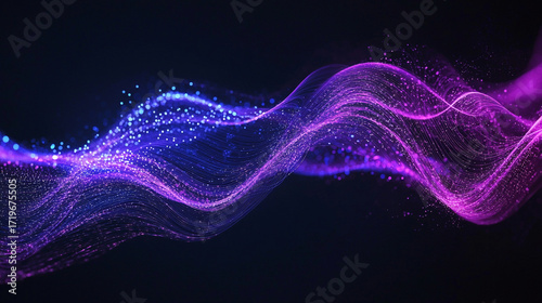 Abstract purple and blue glowing particle wave flowing across dark background with futuristic digital texture, generative AI