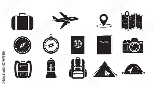 Travel icons set for adventure planning and trip preparation Minimalist black design Isolated on white backgro
