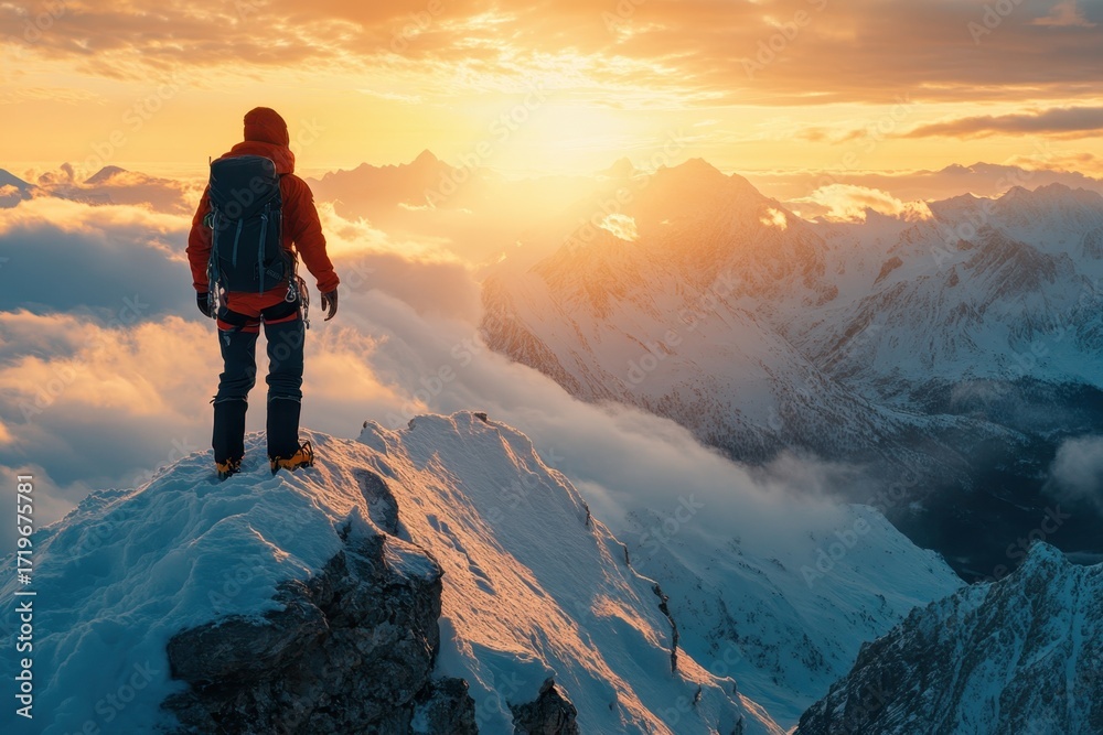 Fototapeta premium A climber stands triumphantly on a snowy mountain peak at sunset, overlooking a breathtaking view of clouds and mountains