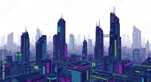 A futuristic cityscape with towering skyscrapers in a vibrant neon color scheme, perfect for scifi or modern themes