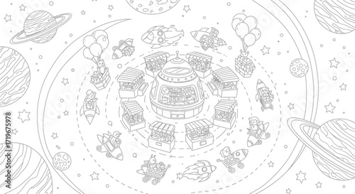 Whimsical Space Market: Cosmic Shopping Carts and Rockets