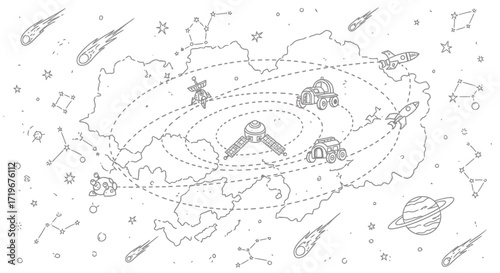 Space Exploration Orbiting Satellite and Rovers Around Planet