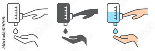 Press button hand to pump liquid soap icons, wash and hygiene, hand and soap sign, vector graphics, a linear pattern on a white background, eps 10.