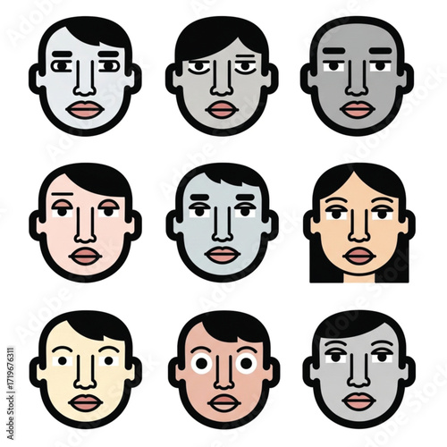 Nine stylized human faces with diverse skin tones and minimalist features.