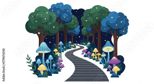A whimsical night forest path with glowing mushrooms, , creating a magical and enchanting scene under the starry sky