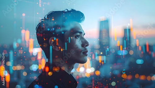 Man side profile with city lights and stock chart overlay