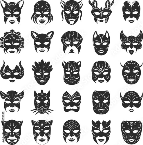 Vector art of collection of twentyfive mask icons, showcasing diverse designs and styles for masquerade, costume, and festive celebration concepts
