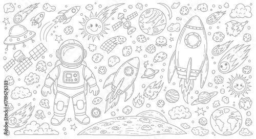 Whimsical Space Exploration: Astronaut, Rockets, Planets, and Celestial Bodies.