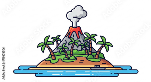 Tropical island with a smoking volcano and palm trees, a serene escape to paradise with a hint of volcanic activity
