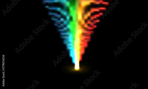 Radial neon motion blur background. Glowing lines, virtual reality jump, speed of light. Space and time strings, highway night lights. 3d render, space tunnel turning to left, ultra violet vector rays