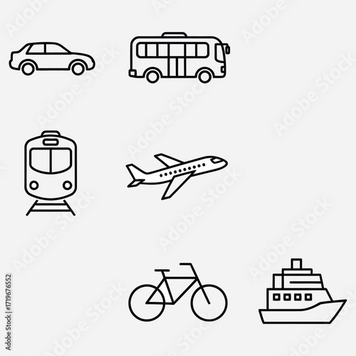 Transportation Icons Car, Bus, Train, Plane, Bike, Ship, Line Drawings for Travel and Movement