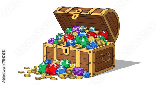 A treasure chest overflowing with colorful gems and gold coins, , creating a captivating scene of wealth and adventure illustration
