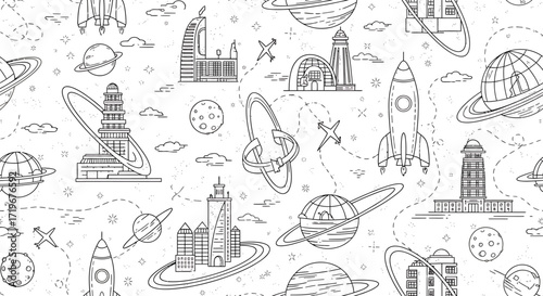 Futuristic Space City Seamless Pattern: Rockets, Planets, and Buildings