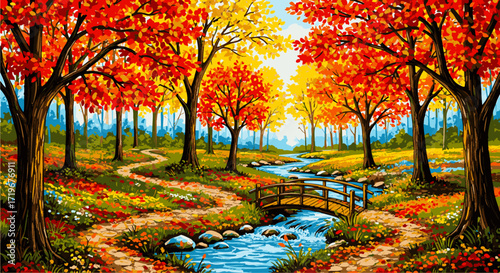 A serene autumnal landscape featuring a winding path, bridge, and vibrant trees surrounding a tranquil stream viewed from a serene vantage point