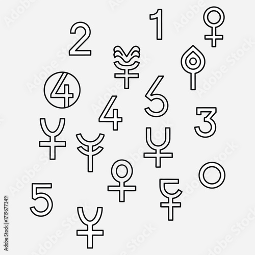Abstract graphic arrangement of scattered outline symbols and numbers, including planetary glyphs and digits, presented in a minimalist and clean design for conceptual projects