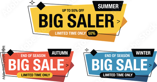 Exciting seasonal sale banners offering big discounts for summer, autumn, and winter shopping events.