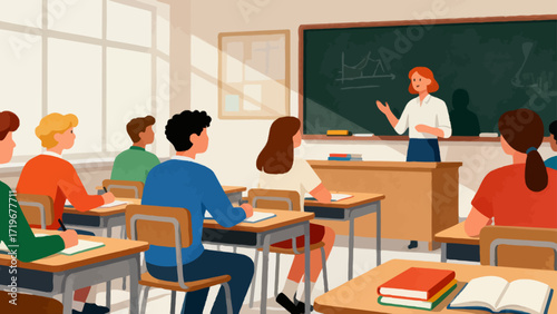 In the classroom, the teacher is giving a lesson to the students, with hand-drawn vector illustrations