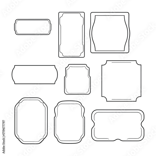 Collection of nine black outlined decorative frames and labels on white background border
