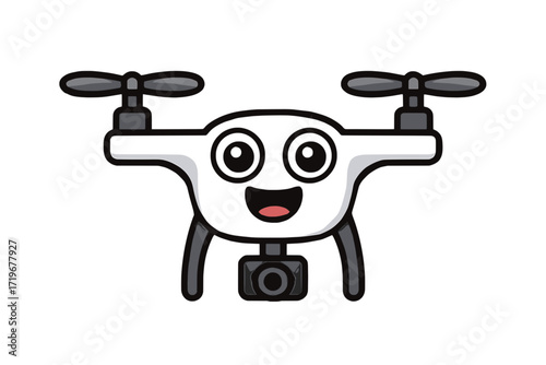 Flat vector illustration of a drone with cartoon smile and propellers on a white background