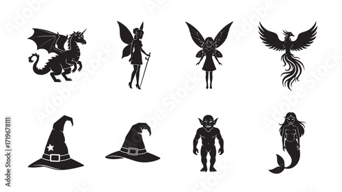 Set of 8 fantasy icons dragon fairy phoenix goblin mermaid witch hat black silhouette Vector illustration Isol