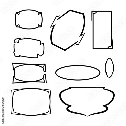 Collection of nine black outlined decorative frames and borders on white background vector