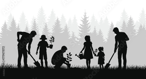 A diverse group of people planting trees in a forest landscape.