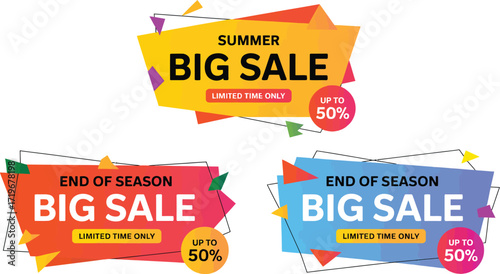 Vibrant sale banners announce big savings for summer and end of season promotions.