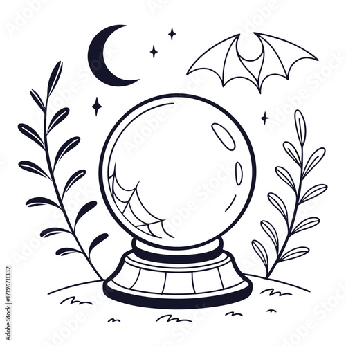 Halloween Crystal Ball With Bat And Moon Line Art stars