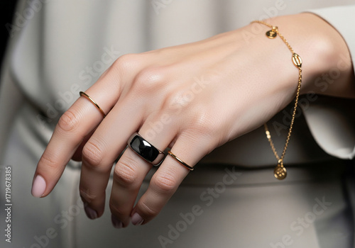 Close-up of woman hand elegantly adorned with modern jewelry and metallic smart ring on finger. Fusion of technology and style. Smart jewelry, luxury wearables, and modern digital lifestyle.