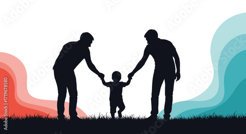 Two fathers holding hands with their child taking first steps on a sunny day.