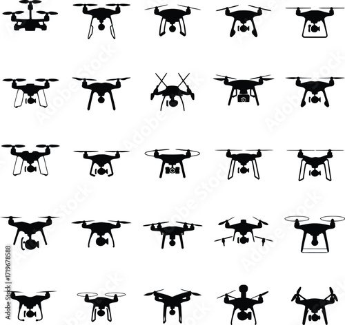 Vector art of extensive collection of drone icons, presenting a wide array of designs and angles of unmanned aerial vehicles in a modern style