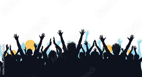 A large crowd of people with their hands raised in celebration or excitement.