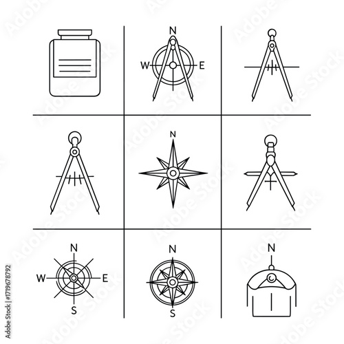 Nine black line art icons of compasses dividers and a jar on white background navigation direction