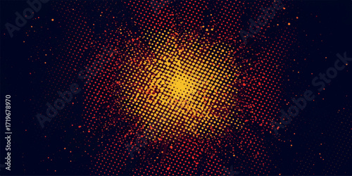 abstract explosion yellow red particles dark background halftone dot textured effect energy chaos