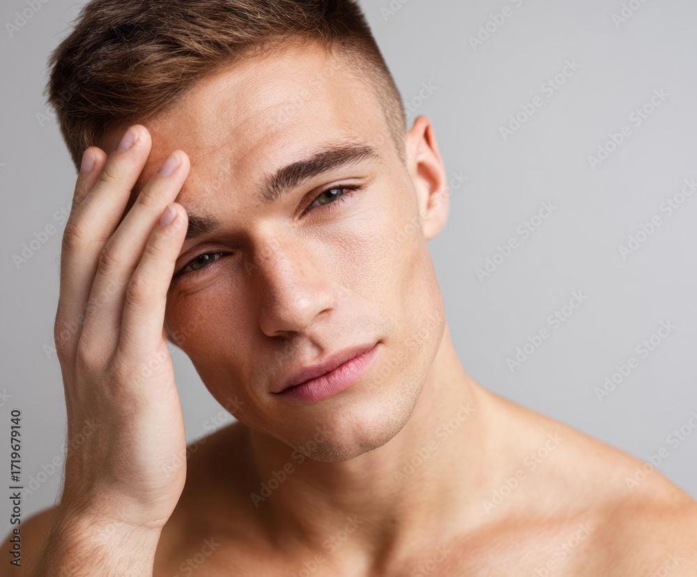 Fototapeta premium Close-up portrait of a man with a thoughtful expression, his hand resting on his forehead, showcasing smooth skin and a neutral tone.