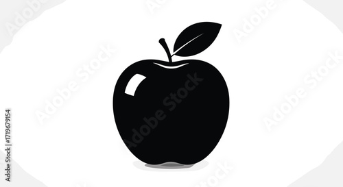 A simple black silhouette of an apple with a stem and leaf against a white background.