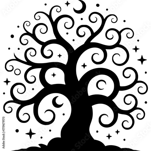 Mystical Tree Silhouette: An enchanting tree silhouette against the night sky, adorned with crescent moons and twinkling stars. An image that whispers of magic and wonder.