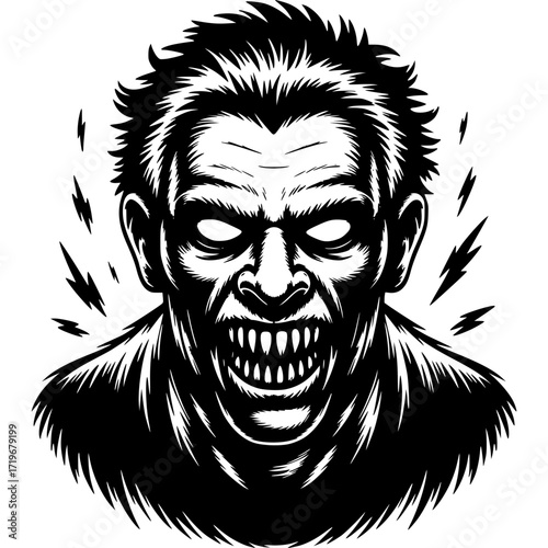 Zombie in the Dark: A menacing zombie bares its teeth with glowing eyes and sinister lightning bolts, in this black-and-white digital illustration, creating a scary atmosphere.