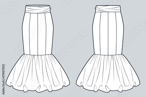 Bubble hem Skirt with fitted waist Technical Fashion Illustration. Midi Skirt fashion flat technical drawing template, side zipper, front and back view, white, women CAD mockup.