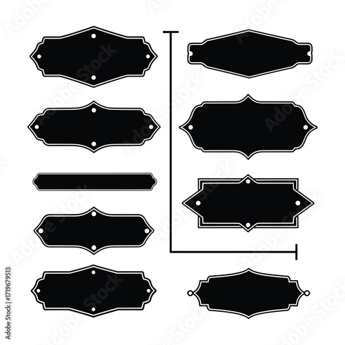 Collection of Black Decorative Labels and Plaques with White Outline sign banner
