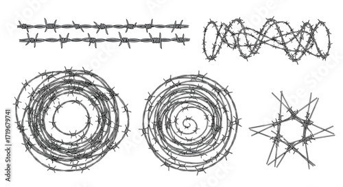 A collection of abstract artistic representations of barbed wire elements and structures.