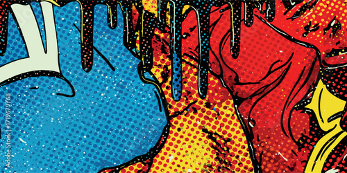 vibrant comic book style illustration bold lines halftone dots dripping paint blue red yellow