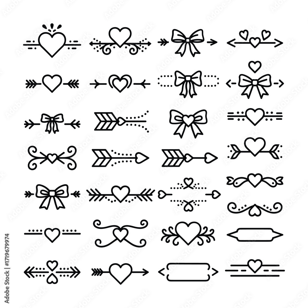 Fototapeta premium Collection of black line art decorative elements with hearts bows and arrows divider ornament