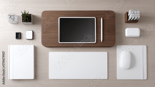 Minimalist Workspace Setup with Tablet and Stationery Items on a Light Wooden Desk Surface